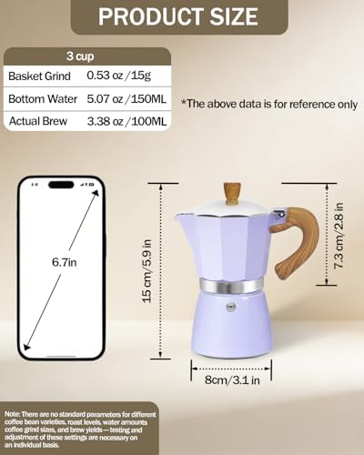 Coffee Maker Stovetop Espresso Maker 3 Cup Aluminum Moka Pot Percolator 5oz 150ml Easy Brewing for Electric Ceramic Stoves Home Camping Italian Cuban Café Classic Sip Sized Purple