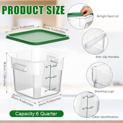 FoldTier 2 Pieces Square Food Storage Containers Polycarbonate Clear Food Container with Lid Commercial Food Storage with Graduations for Commercial Kitchen Dough Marinating Meat(Green, 6 Qt)