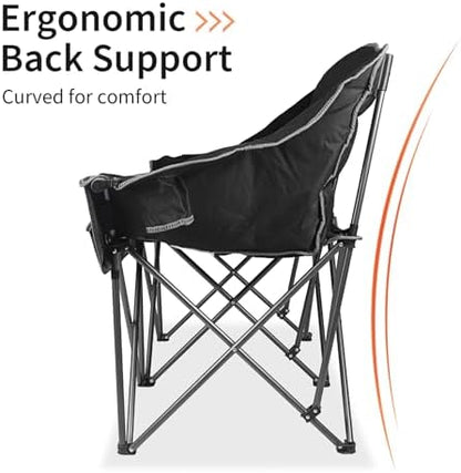 Fully Padded Folding Double Camping Chairs,Comfy Oversized Loveseat Lawn Chair w/Wine Glass Holder,Cup Holder,Heavy Duty Outdoor Portable Camp Couch Support 600 Lbs,Black