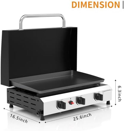 3 Burner BBQ Gas Griddle with Hood, 25.6 Inch Flat Top Grill, Silver