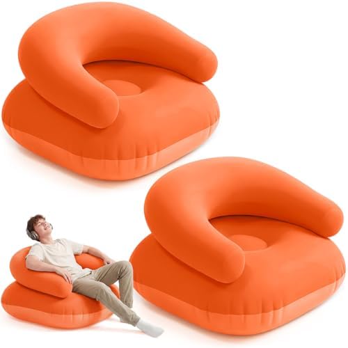 Novabright 2 Pcs Inflatable Chairs for Adults Blow Up Games Chairs Folding Portable Flocking Inflatable Sofa for Living Room Learning Camping Party (Orange Red)