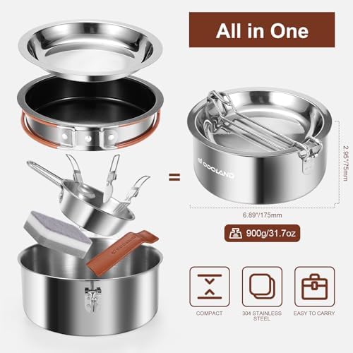 Odoland 10pcs Camping Cookware Stainless Steel Camping Pot and Pan Set with Plate Bowl Fork Knife Spoon for Backpacking, Hiking, Outdoor Cooking and Picnic