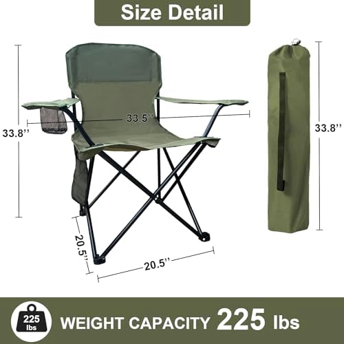 2PCS Folding Camping Collapsible Chairs Heavy Duty Lawn Chair with Cooler Bag, Storage Pocket, Waterproof Bag Outdoor Arm Chair, Supports 225LBS, Green