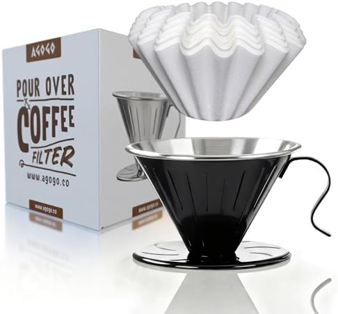 AGOGO Stainless Steel V60 Coffee Dripper & 50 Paper Filters, Black