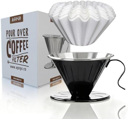 AGOGO Stainless Steel V60 Coffee Dripper & 50 Paper Filters, Black