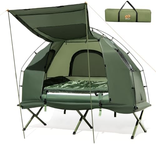 Goplus Camping Tent Cot, 5-in-1 Folding Camping Bed with Air Mattress, Pillow, Sleeping Bag, Waterproof Elevated Tent Shelter, Portable Outdoor Sleeping Cot with Carry Bag for Picnic, Trip