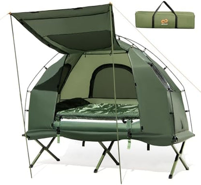 Goplus Camping Tent Cot, 5-in-1 Folding Camping Bed with Air Mattress, Pillow, Sleeping Bag, Waterproof Elevated Tent Shelter, Portable Outdoor Sleeping Cot with Carry Bag for Picnic, Trip