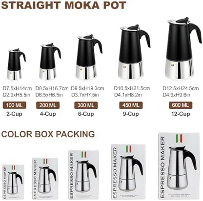 4 Cup Stovetop Espresso Maker Stainless Steel Moka Pot Stove Top Percolator Italian Coffee Makers Capable Mocha Greca Machine Cafe Classic Induction Cookers for Home and Camping 200ml 6.6oz