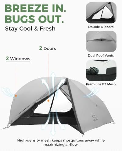 ATEPA Voyage 1-2 Backpacking Tent, Ultralight 20D SilNylon 4 Season Camping Tent, 4000mm Waterproof Freestanding Tent with Expandable Vestibule for Hiking, Bikepacking & Mountaineering