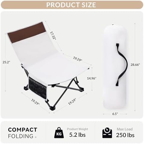 Compact Beach Chairs 2 Pack with 3-Position Lay Flat Low Portable Camping Chairs for Adults Folding Reclining Chairs for Beach, Lawn, Travel