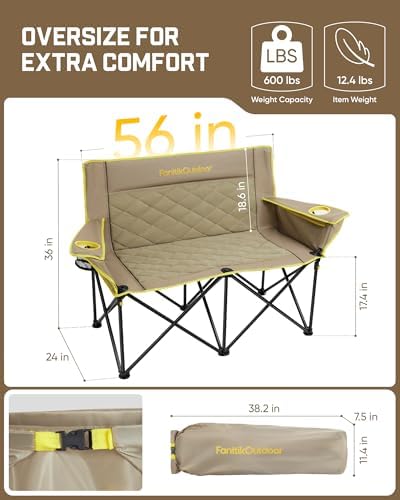 FanttikOutdoor Zeta L11 Duo Pro Double Camping Chair, 2 Person Portable Folding Couch, Up to 600 lbs, High Strength Loveseat with Cup Holder & Carry Bag for Travel, Patio, Games, BBQ, Backyard, Khaki