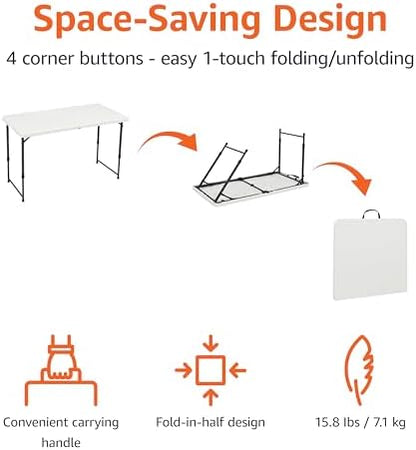 Amazon Basics Portable 4 Foot Rectangular Folding Dining Table, 4 Adjustable Height Settings, Carrying Handle, Indoor & Outdoor, Sturdy for Events, White, 47.8 x 23.9 x 33.9 in