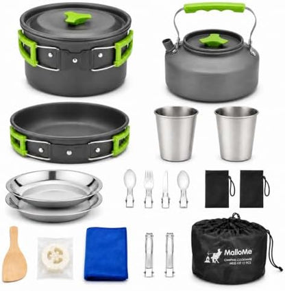 MalloMe Camping Cookware Mess Kit for Backpacking Gear – Camping Cooking Set - Camping Pots and Pans Set - Backpacking Stove/Portable Stove Compatible - Camp Kitchen Equipment Accessories Pot