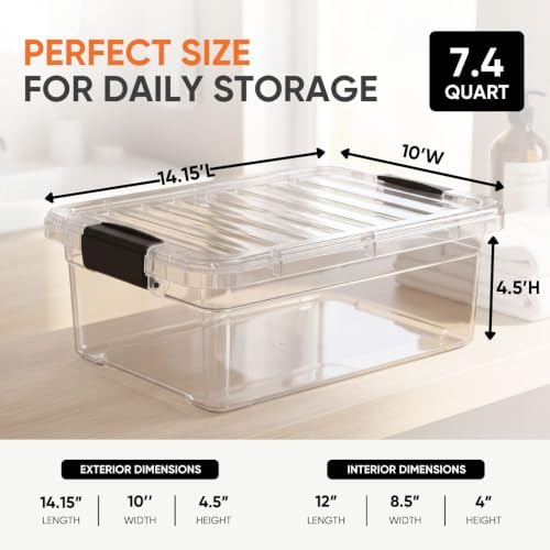 Superio 7.4 Quart Clear Plastic Storage Bin with Lid, Stackable Organizer Box, BPA-Free Storage Container for Home, Garage, School & Office, 4 Pack