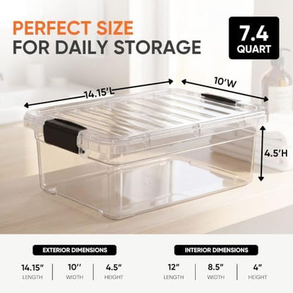 Superio 7.4 Quart Clear Plastic Storage Bin with Lid, Stackable Organizer Box, BPA-Free Storage Container for Home, Garage, School & Office, 4 Pack