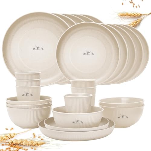 24 Pcs Wheat Straw Dinnerware Sets for 6- Unbreakable Reusable Plates and Bowls Sets Lightweight BPA Free Dishwasher, Microwave Safe Bowls and Cups- Camping Dishes for Dessert with Bowls