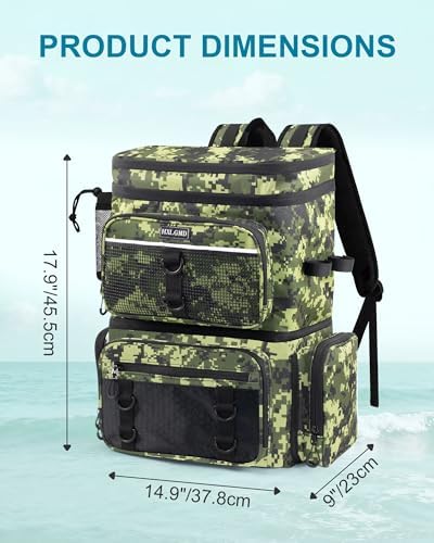 HXLGMD Fishing Backpack with Rod Holders, Double Layer Large Water-resistant Tackle Bag Store Gear with Cooler, Green