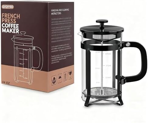 QUQIYSO French Press 34oz, Stainless Steel and Thickened Glass Coffee Maker