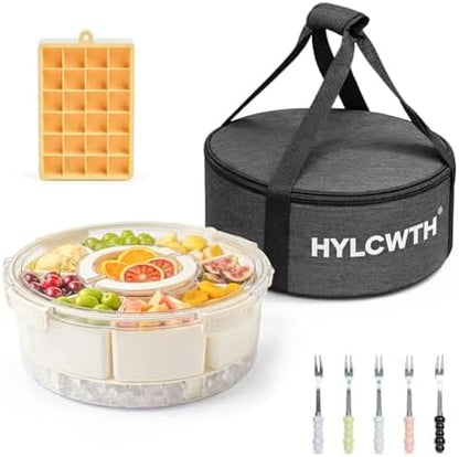 Divided Serving Tray with Lid and Handle, Rounded Snackle Box with 9 Compartments and Chill Base for Fruits, Candy, Veggie, Travel Snack Container with Portable Insulated Bag & Ice Cube Tray & 5 Forks