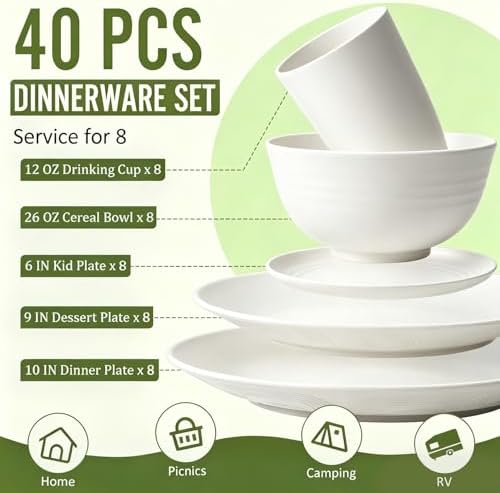 40 PCS Wheat Straw Dinnerware Sets, Service for 8 - Dinner Plates, Cereal Bowls, Drinking Glasses, Unbreakable Plastic Plates and Bowls Sets, Dishwasher and Microwave Safe for Kitchen - White