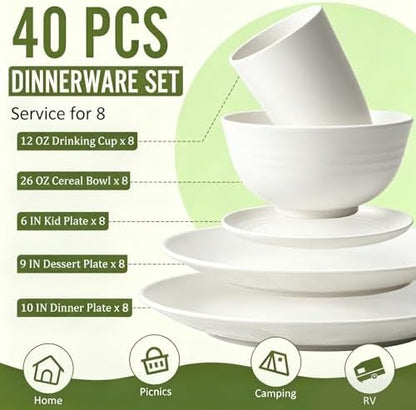 40 PCS Wheat Straw Dinnerware Sets, Service for 8 - Dinner Plates, Cereal Bowls, Drinking Glasses, Unbreakable Plastic Plates and Bowls Sets, Dishwasher and Microwave Safe for Kitchen - White