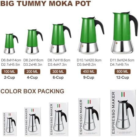 9 Cup Stovetop Espresso Maker Stainless Steel Moka Pot Stove Top Percolator Italian Coffee Makers Capable Mocha Greca Machine Cafe Classic Induction Cookers for Home and Camping 450ml 15oz