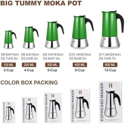 4 Cup Stovetop Espresso Maker Stainless Steel Moka Pot Stove Top Percolator Italian Coffee Makers Capable Mocha Greca Machine Cafe Classic Induction Cookers for Home and Camping 200ml 6.6oz