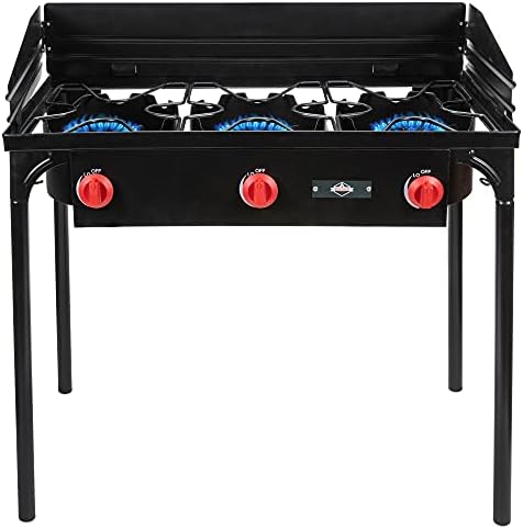 Hike Crew Cast Iron 3-Burner Outdoor Gas Stove | 225,000 BTU Portable Propane Cooktop w/Blue Flame Control, Removable Legs, Temperature Control Knobs, Wind Panel, Hose, Regulator & Storage Carry Case
