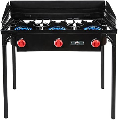 Hike Crew Cast Iron 3-Burner Outdoor Gas Stove | 225,000 BTU Portable Propane Cooktop w/Blue Flame Control, Removable Legs, Temperature Control Knobs, Wind Panel, Hose, Regulator & Storage Carry Case