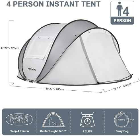 Pop Up Camping Tent, 2/4/6 Person Instant Tent Waterproof PU4500mm, Spacious Ventilated Camping Tent with Front Porch, Quick Setup Lightweight Portable for Outdoor Camping Hiking Beach