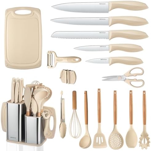 RAXCO Cooking Utensils Set,18-Piece Kitchen Utensils and Knife Set,Khiki
