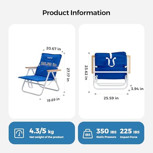 SUNNYFEEL Foldable Beach Chair, Beach Chair Backup with Wood Armrest & Cushion, Lightweight Camping Chair Heavy Duty for Beach, Camping, Lawn, Outdoor, Blue, 2 Pack