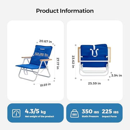 SUNNYFEEL Foldable Beach Chair, Beach Chair Backup with Wood Armrest & Cushion, Lightweight Camping Chair Heavy Duty for Beach, Camping, Lawn, Outdoor, Blue, 2 Pack