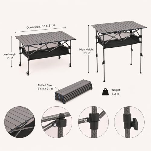 Portable Folding Camping Table, Adjustable Height, Black, 37 x 21 in