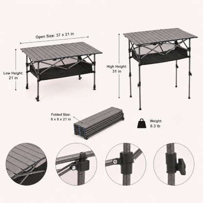 Portable Folding Camping Table, Adjustable Height, Black, 37 x 21 in
