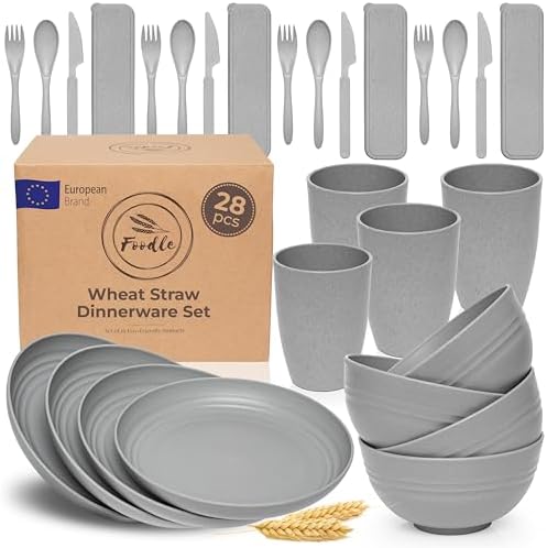 FOODLE Wheat Straw Dinnerware Set - RV, Camping, Picnic Plates Cups & Bowls