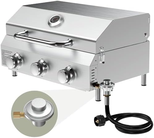 Bestfire 3-Burner Tabletop Propane Gas Grill with Dual Connections, 30,000 BTU Portable Propane Grill Fits Large Cylinders & Small Canisters, Knobs, Compact Design for Camping, RV, BBQ