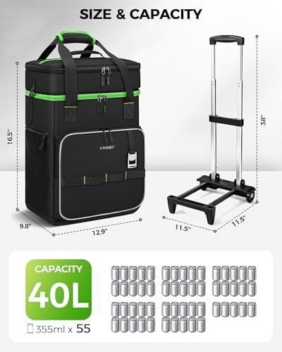 Ytonet 2-in-1 Rolling Cooler with Wheels, 55 Cans/40L Large Insulated Cooler on Wheels with Detachable Top Bag, Leakproof Soft Sided Cooler Bag for Beach, Picnic, Camping, Travel and Grocery，Black