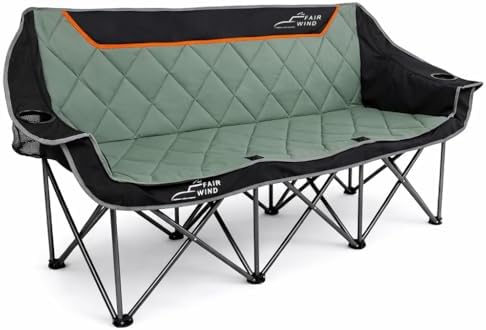 FAIR WIND Oversized 3 Person Camping Chair Padded Triple Loveseat Folding Camping Couch Duo Chair Heavy Duty Quad Fold Arm Chair with Cup Hold - Supports 900 LBS Black