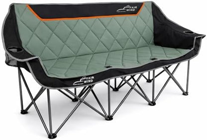 FAIR WIND Oversized 3 Person Camping Chair Padded Triple Loveseat Folding Camping Couch Duo Chair Heavy Duty Quad Fold Arm Chair with Cup Hold - Supports 900 LBS Black