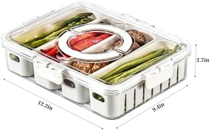 Divided Veggie Tray with Lid and Handle 4 Compartment Serving Tray Portable Travel Snack Storage Containers Stackable Snackle Box Charcuterie Container for Fruit,Vegetable,Salad