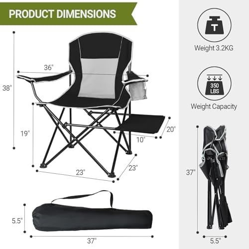 XGEAR Camping Chairs 350LBS Heavy Duty Folding Chair with Side Table Black