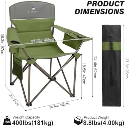 Oversized Camping Chairs 2 Pack - Heavy Duty 400LBS Padded Lawn Chair with Cooler Bag,Cup Holder,Side Pocket,Collapsible for Outdoor,Camp,Fishing & Garden,Olive Green