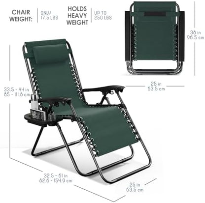 Nestl Zero Gravity Chairs Set of 2, Patio Lounge Chair Outdoor with Pillows & Cup Holder Trays, Adjustable Steel Mesh Reclining Camping Chair, Folding Patio Lawn Chair for Deck, Beach - Forest Green