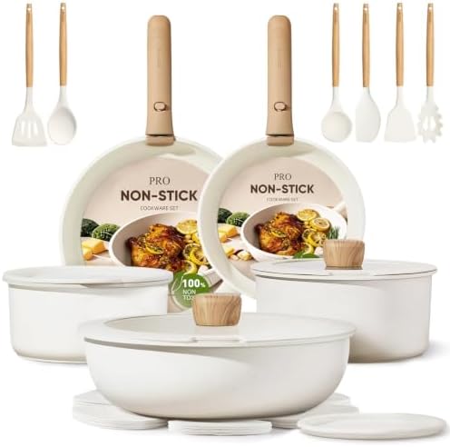 CAROTE Pots and Pans Set Non Stick, Detachable Handle Cookware, 21pcs,White