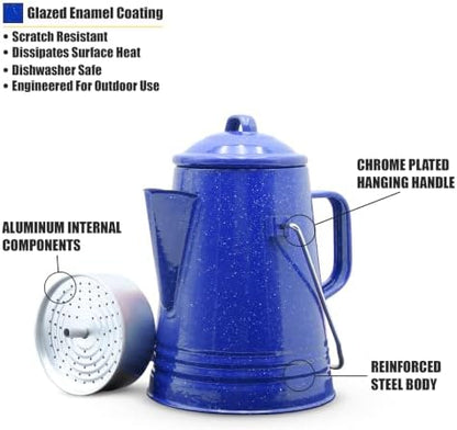 GRIP Coffee Percolator (Blue) - Durable Glazed Enamel Steel - Prepare Coffee Over the Fire - Camping, Hiking, Backpacking, Fishing, Hunting - (8 Cups)