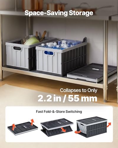 VEVOR Plastic Collapsible Storage Bins with Lids, 65L 2 Packs, Stackable Folding Storage Crates with Handles, Holds 84 lbs Per Bin, Heavy Duty Containers, Space-Saving Baskets, for Home Organizing