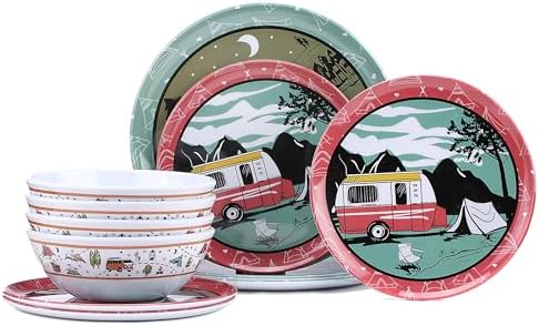 Melamine Dinnerware Set, 12-Piece Camping Dishes, Service for 4