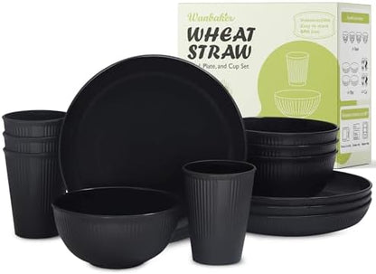 Wheat Straw Dinnerware Sets, Kitchen Unbreakable Wheat Straw Plates and Bowls Sets for College Dorm Apartment Reusable Black 12pcs