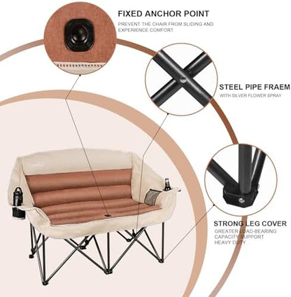 Double Folding Camping Chair Fully Padded Loveseat Camping Couch Oversized 2 Person Lawn Chair Sofa w/Cup Holder,Wine Glass Holder,Mesh Storage for Patio Picnic Beach,Support 600lbs,Cream